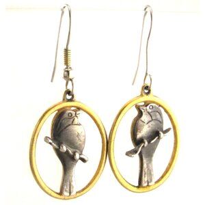 Vintage Silver & Gold Tone 3d Sparow Bird Charm Dangle Earrings Fairy Core
